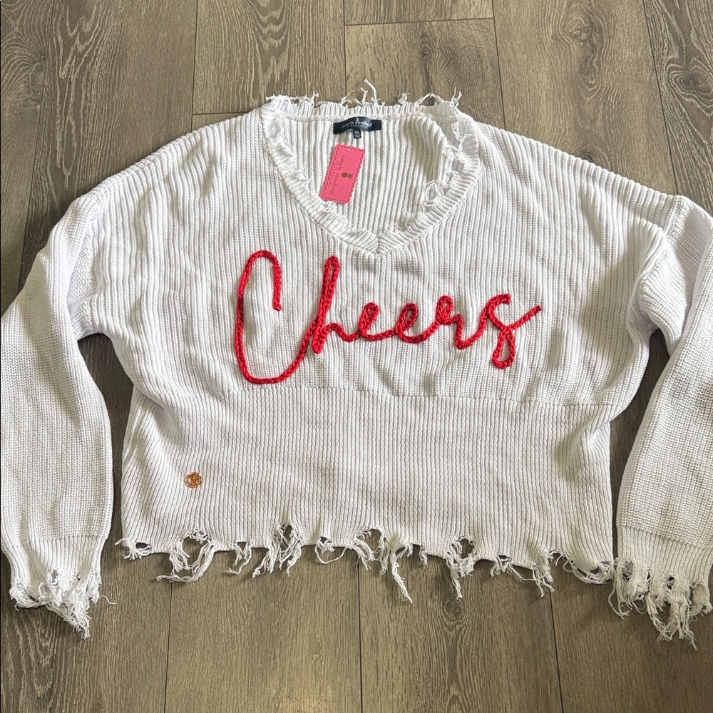 Simply Southern White Distressed 'Cheers' Pullover with Red Script